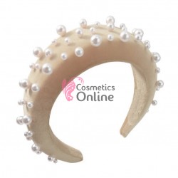 Bentita deosebita pentru par din catifea cu Perle Albe BTP025AA - Crem